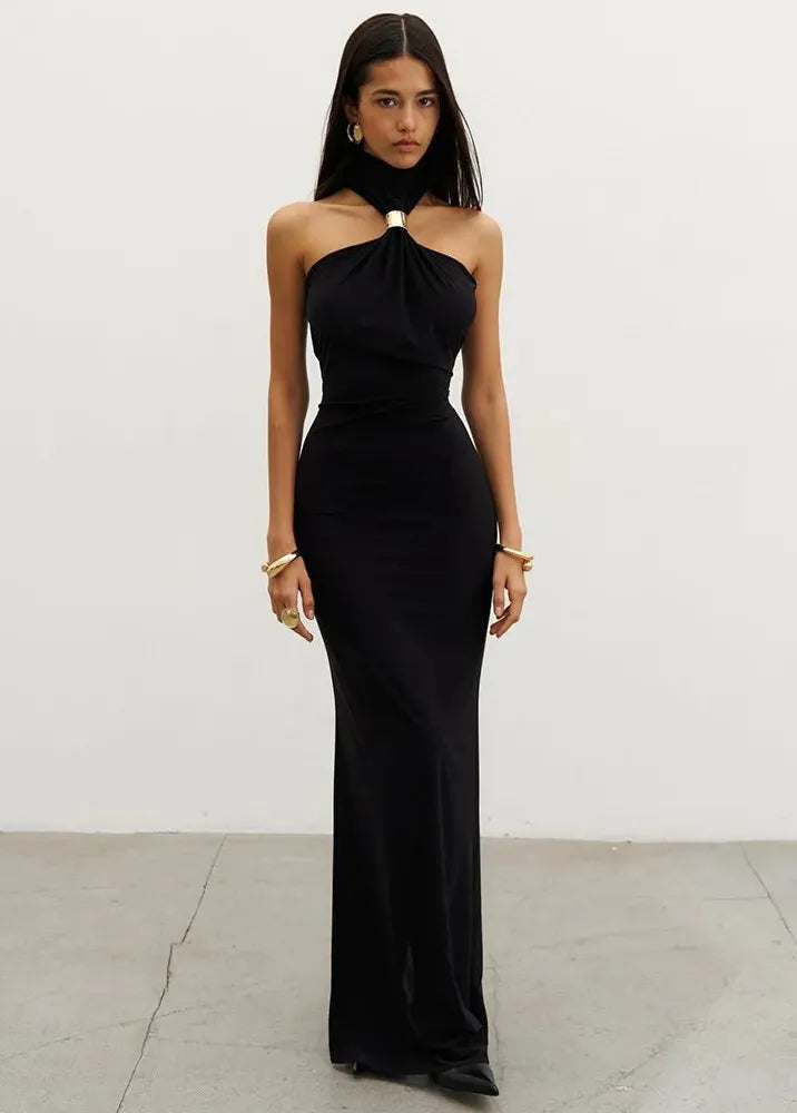 Long Black Halter Neck Evening Dress
