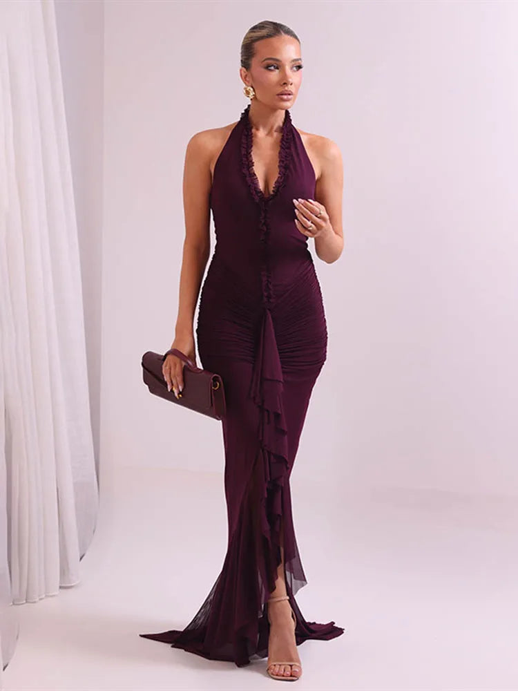 Draped Burgundy Evening Dress